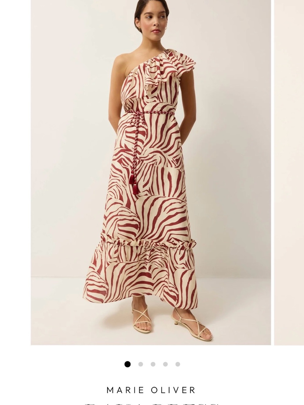 Marie Oliver One-Shoulder Ruffle Maxi Dress in Cream and Burgundy Zebra Print